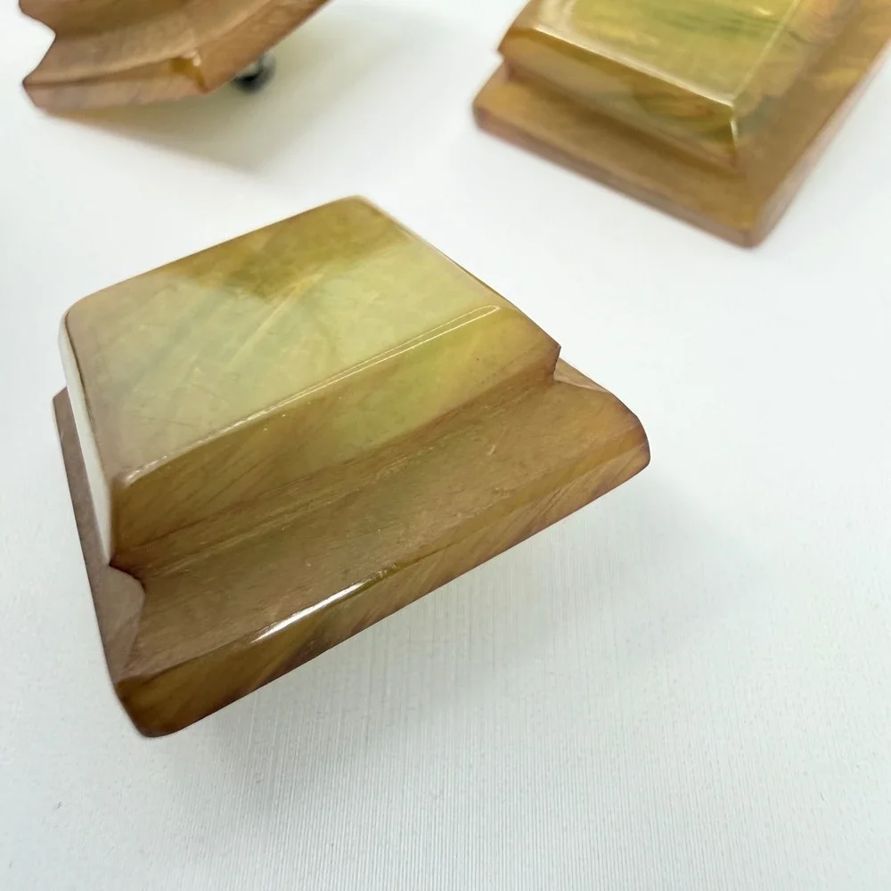 Vintage Bakelite Art Deco Tiered Square Metal Shank Buttons Marbled Butterscotch